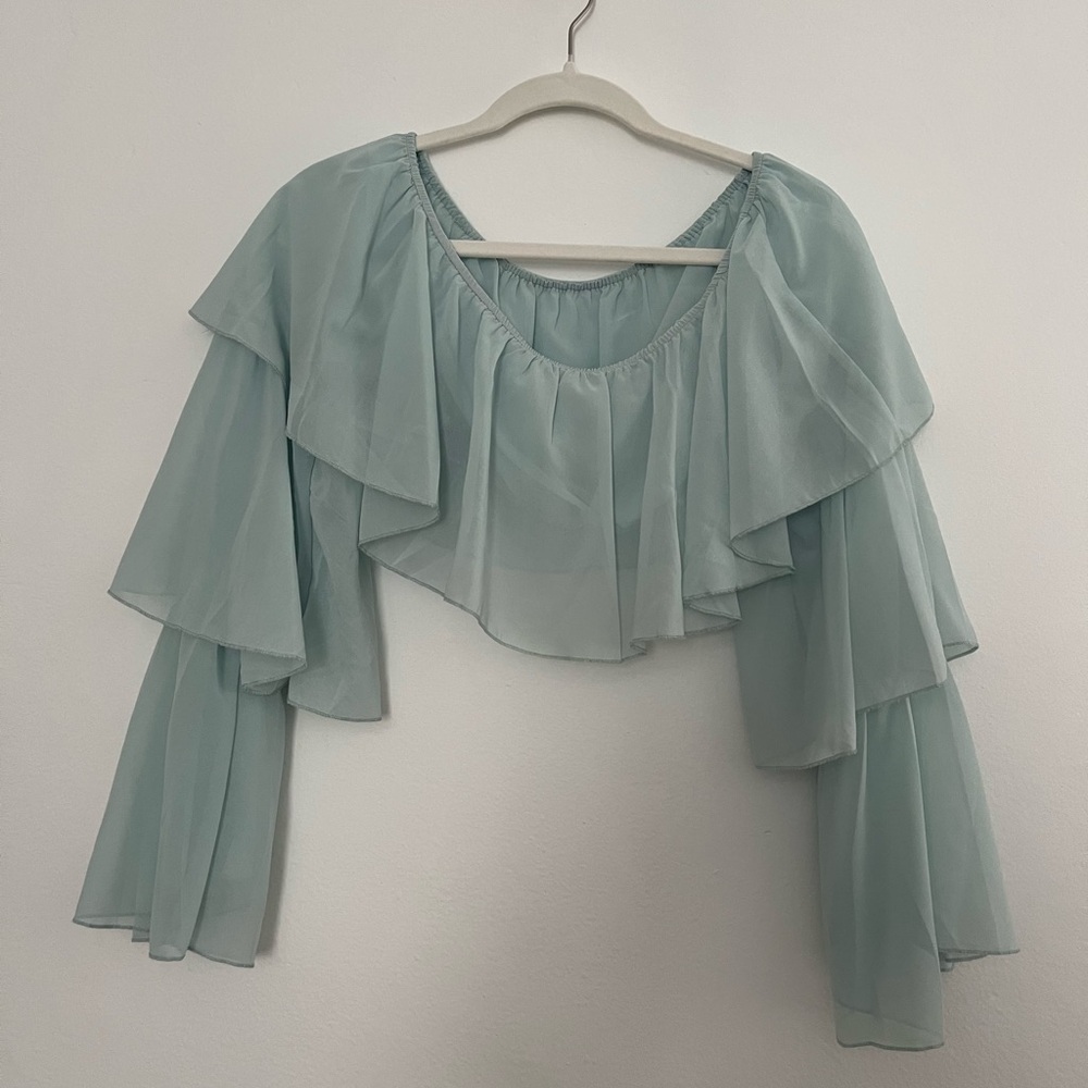 SHEIN: Turquoise Chiffon Ruffled Cropped Blouse🌴